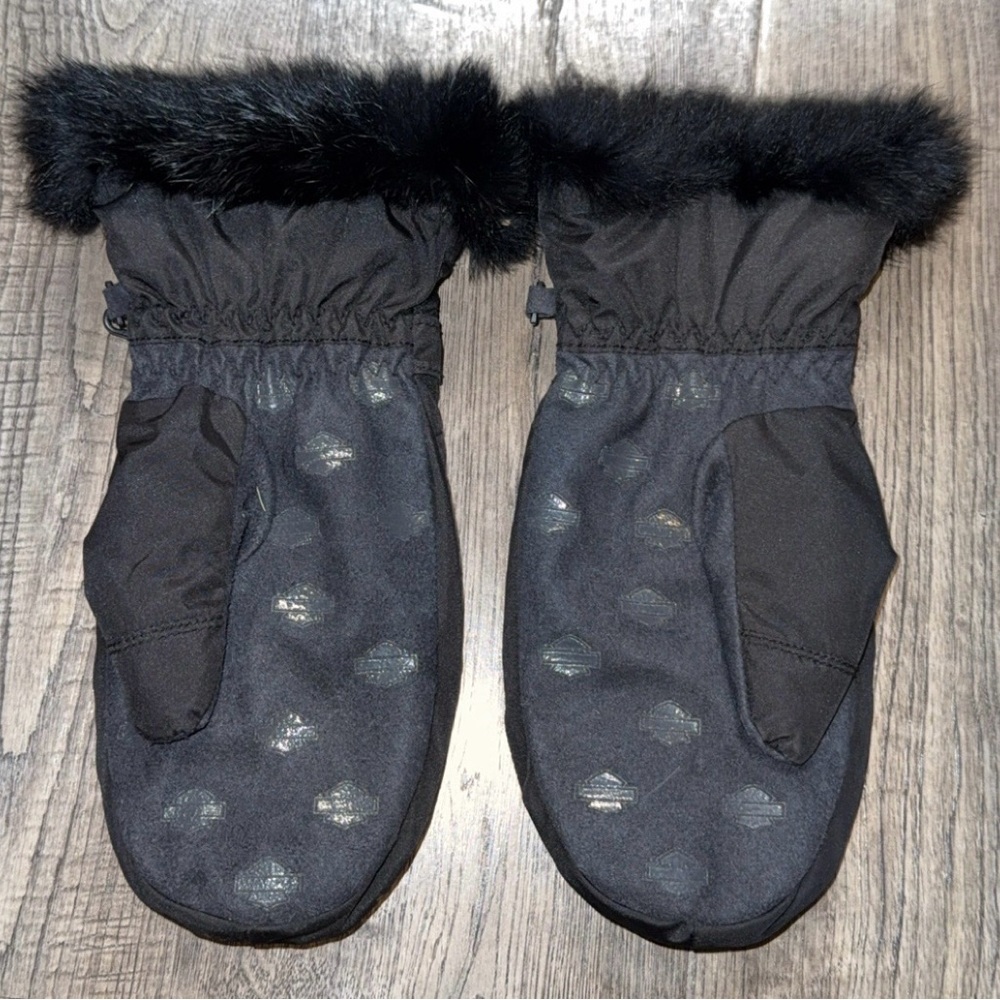 Harley-Davidson Black Quilted Mittens with Fur Trim - Picture 2 of 2